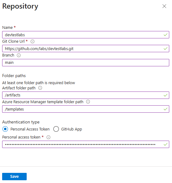 Captura de tela que mostra as configurações do GitHub para adicionar um novo repositório de modelos a um laboratório.