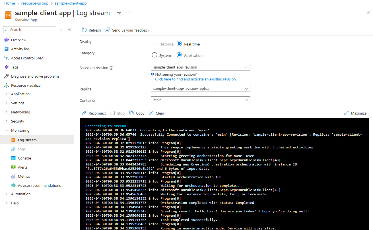 Captura de ecrã do fluxo de registo do contentor cliente no portal Azure.