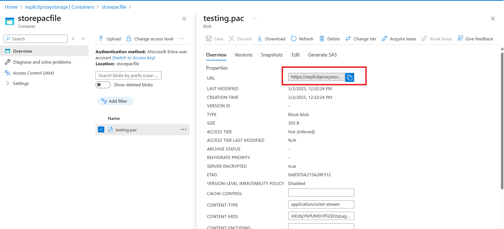 Captura de ecrã que mostra o URL do ficheiro PAC copiado.