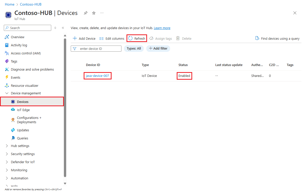 Captura de tela mostrando que o dispositivo está registrado no hub IoT e ativado para o exemplo Java.