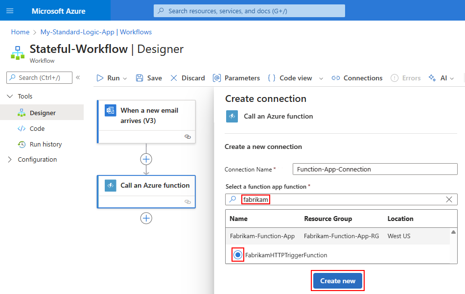 Captura de ecrã que mostra o designer de workflow Standard com uma aplicação de funções selecionada e função em Criar ligação.