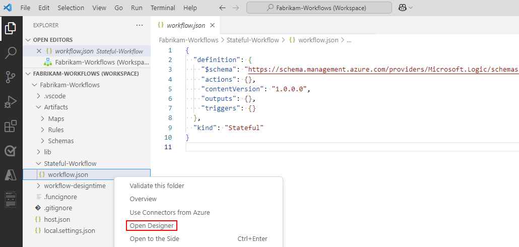 A captura de tela mostra o painel do Explorer, o menu de atalho do ficheiro workflow.json, com o Abrir Designer selecionado.
