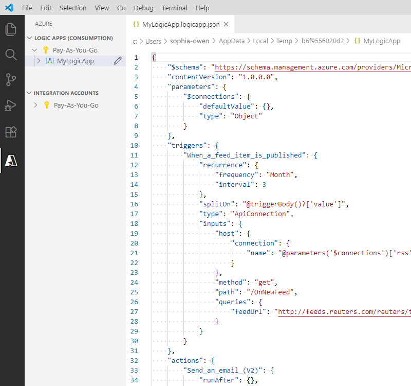 Captura de ecrã que mostra o Visual Studio Code e o ficheiro de definição do fluxo de trabalho da app Logic aberto.