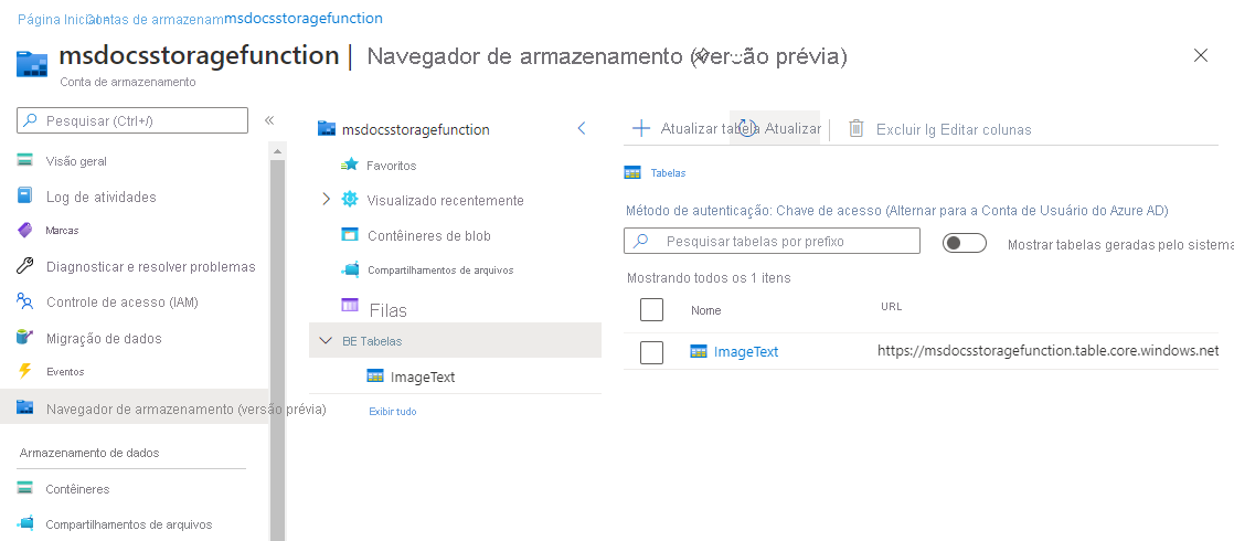 Uma captura de ecrã a mostrar uma entrada de texto em Azure Table Storage.
