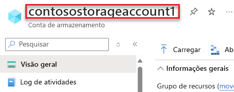 Captura de ecrã da página do portal Azure que destaca o nome da conta de armazenamento.