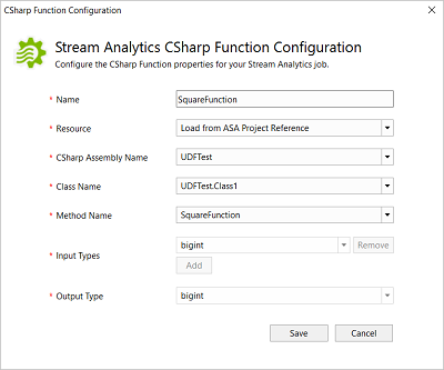 Captura de ecrã da configuração da função C# do Stream Analytics com referência de projeto ASA no Visual Studio.