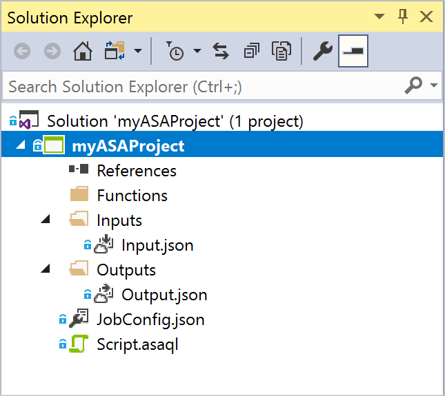 Captura de tela mostrando a janela Gerenciador de Soluções para um projeto de aplicativo Stream Analytics de exemplo no Visual Studio.