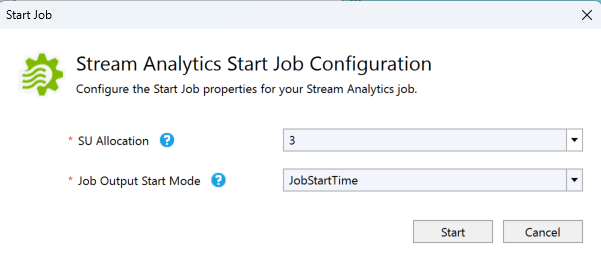 Captura de tela mostrando a caixa de diálogo Configuração do Trabalho Inicial do Stream Analytics.