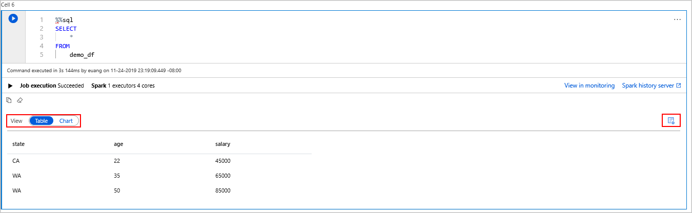 Saída de consulta no Azure Synapse Spark