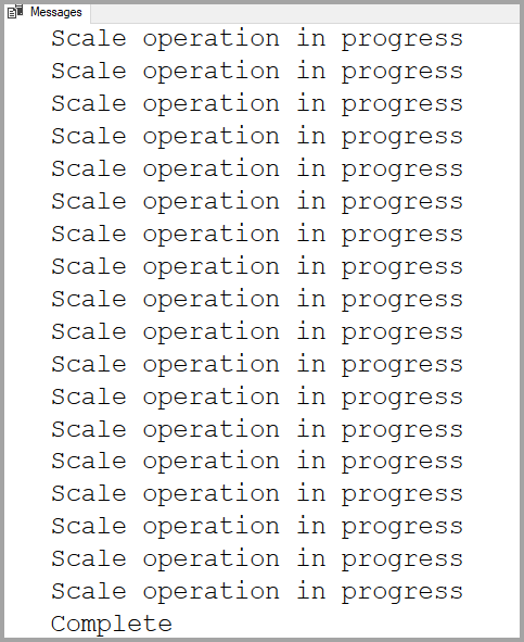 Uma captura de tela do SQL Server Management Studio mostrando a saída da consulta para monitorar o status da operação do pool SQL dedicado. Uma série de linhas 'Operação de escala em andamento' é exibida, terminando com uma linha que diz 'Concluído'.