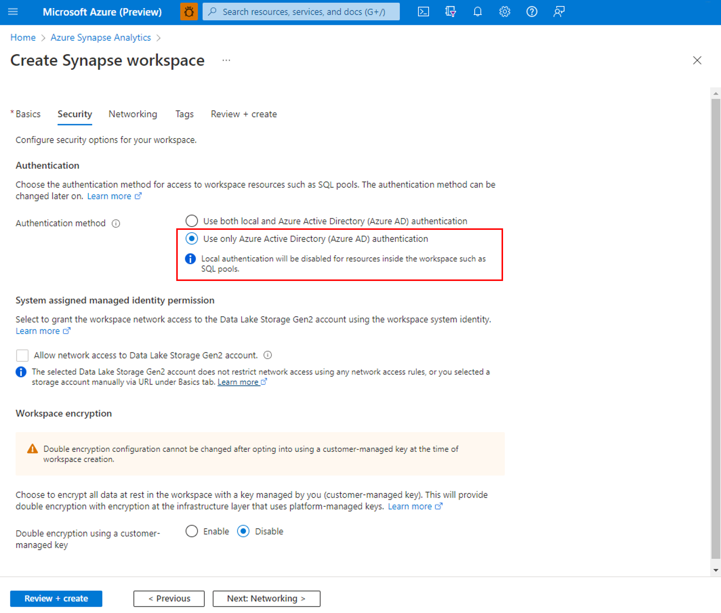 Configuração de autenticação exclusiva do Microsoft Entra durante a criação do espaço de trabalho