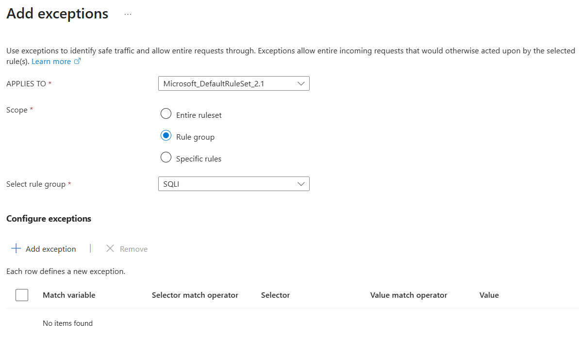 Captura de ecrã que mostra como selecionar o conjunto de regras DRS e o âmbito da exceção numa política WAF no portal Azure.
