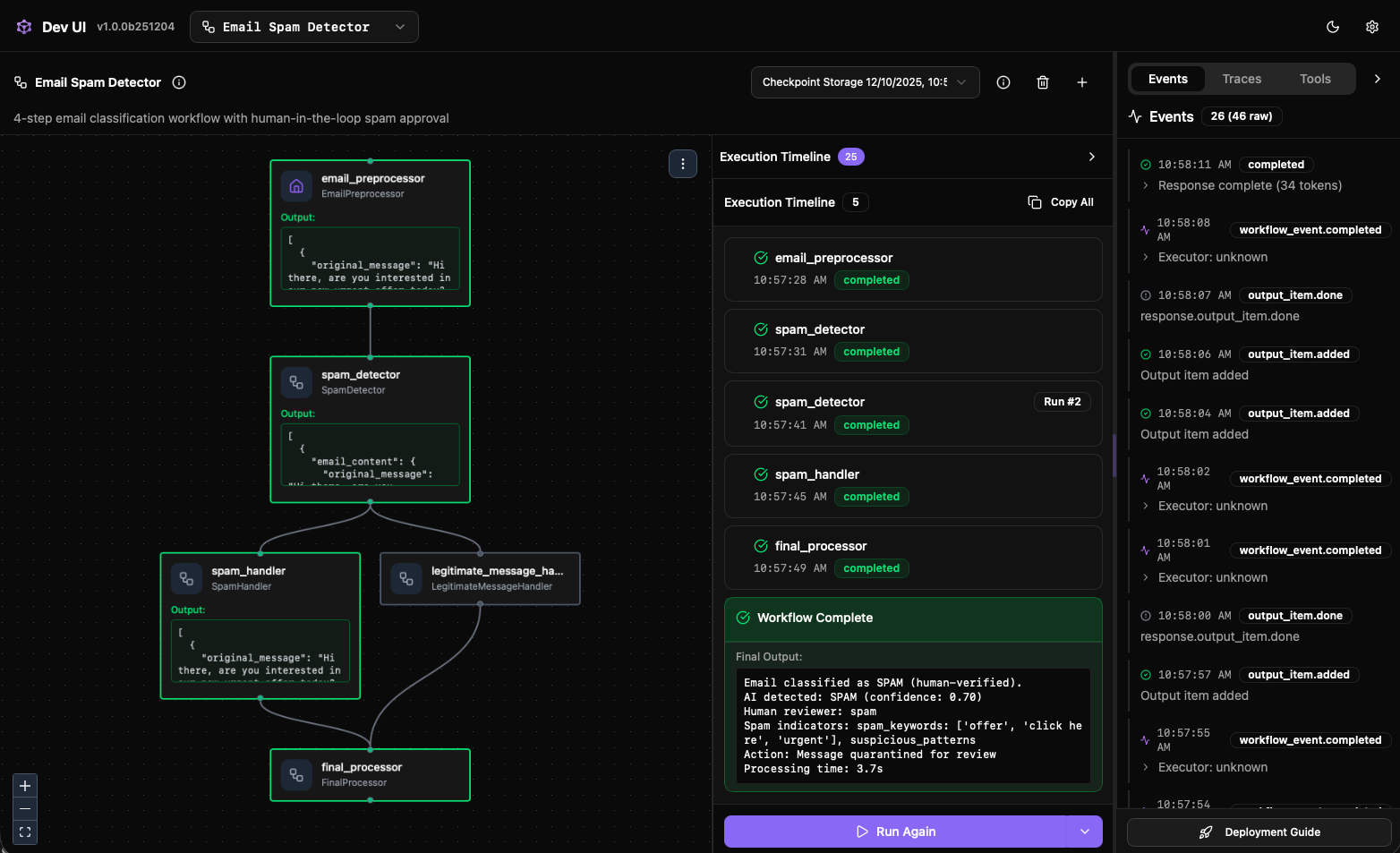 Painel DevUI do Agent Framework que mostra diretório de agentes e rastreio