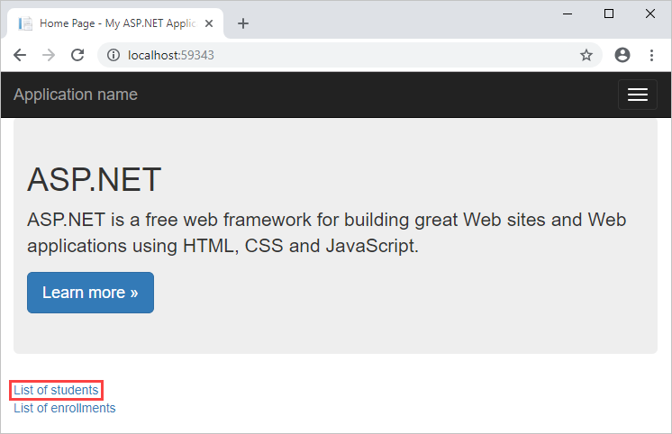 Captura de tela que mostra a página inicial do My A S P dot NET. A lista de alunos está circulada em vermelho.