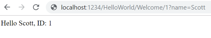 Captura de ecrã que mostra uma janela do navegador com o URL localhost:1234/Hello World/Welcome/1?name=scott. O texto na janela é Hello Scott ID 1.