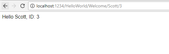 Captura de ecrã que mostra uma janela do navegador com o URL localhost:1234/Hello World/Welcome/Scott/3. O texto na janela é Hello Scott ID 3.