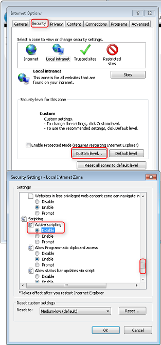Captura de ecrã que mostra a janela de Opções de Internet aberta e no separador de segurança. A janela de Nível Personalizado está aberta e o scripting ativo está desativado.