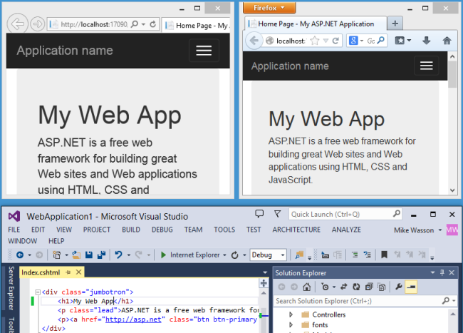 Captura de ecrã de um projeto S P dot Net, com alterações a aparecer nas janelas do navegador lado a lado, e projeto apresentado abaixo no Visual Studio.