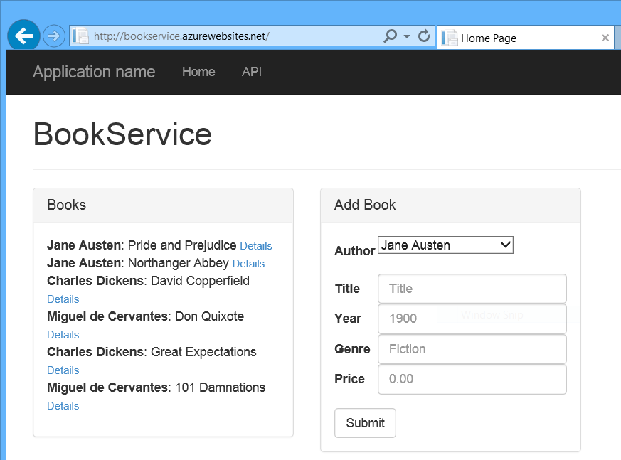 Captura de ecrã da janela do navegador mostrando o site recém-implementado do Book Service e uma lista de livros e autores com ligações para detalhes.