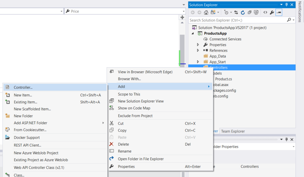 Captura de ecrã do menu do explorador de soluções, mostrando orientações visuais para adicionar uma classe de controlador ao projeto.