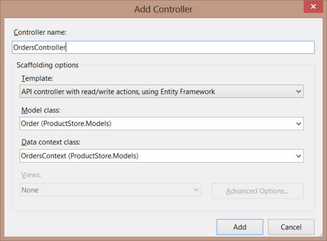Captura de ecrã da caixa de diálogo de adicionar controlador. OrdersController está escrito na caixa de texto.