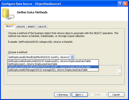 Selecione a partir do método GetEmployeesByHiredDateMonth(month)