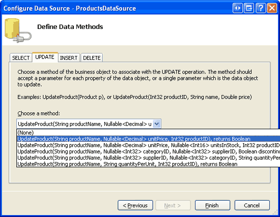 Defina a Aba UPDATE Drop-Down List para a sobrecarga apropriadada do UpdateProduct