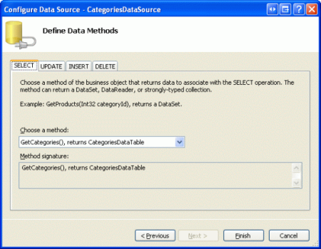 Vincular o ObjectDataSource ao método GetCategories() da CategoriesBLL