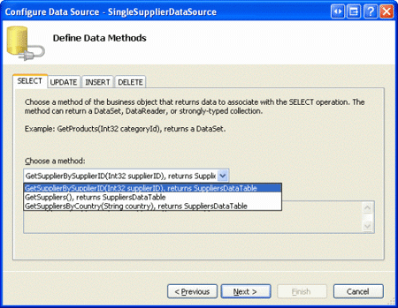 Configure o SingleSupplierDataSource ObjectDataSource para usar o método GetSupplierBySupplierID(supplierID)