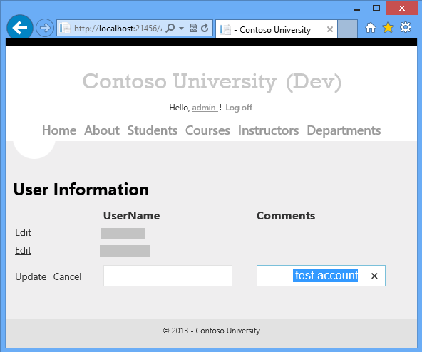 Captura de ecrã da página UserInfo mostrando o teste UserName e o Comentário 
