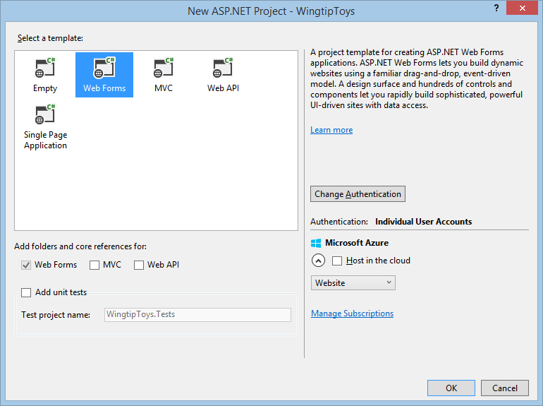 Captura de ecrã da janela do New ASP.NET Project com o modelo Web Forms e o botão OK selecionados.