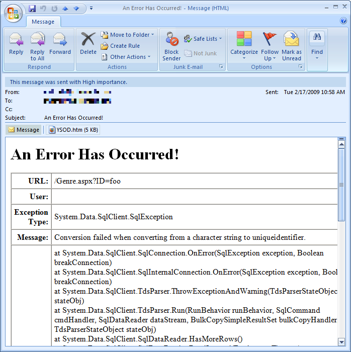 Captura de ecrã do email recebido com a informação excecional.