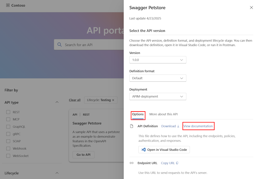 Captura de tela dos detalhes da API no portal do Centro de APIs.