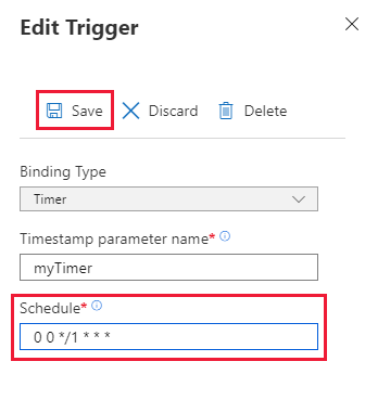 Captura de ecrã da página da função de atualização da programação do temporizador no portal do Azure.