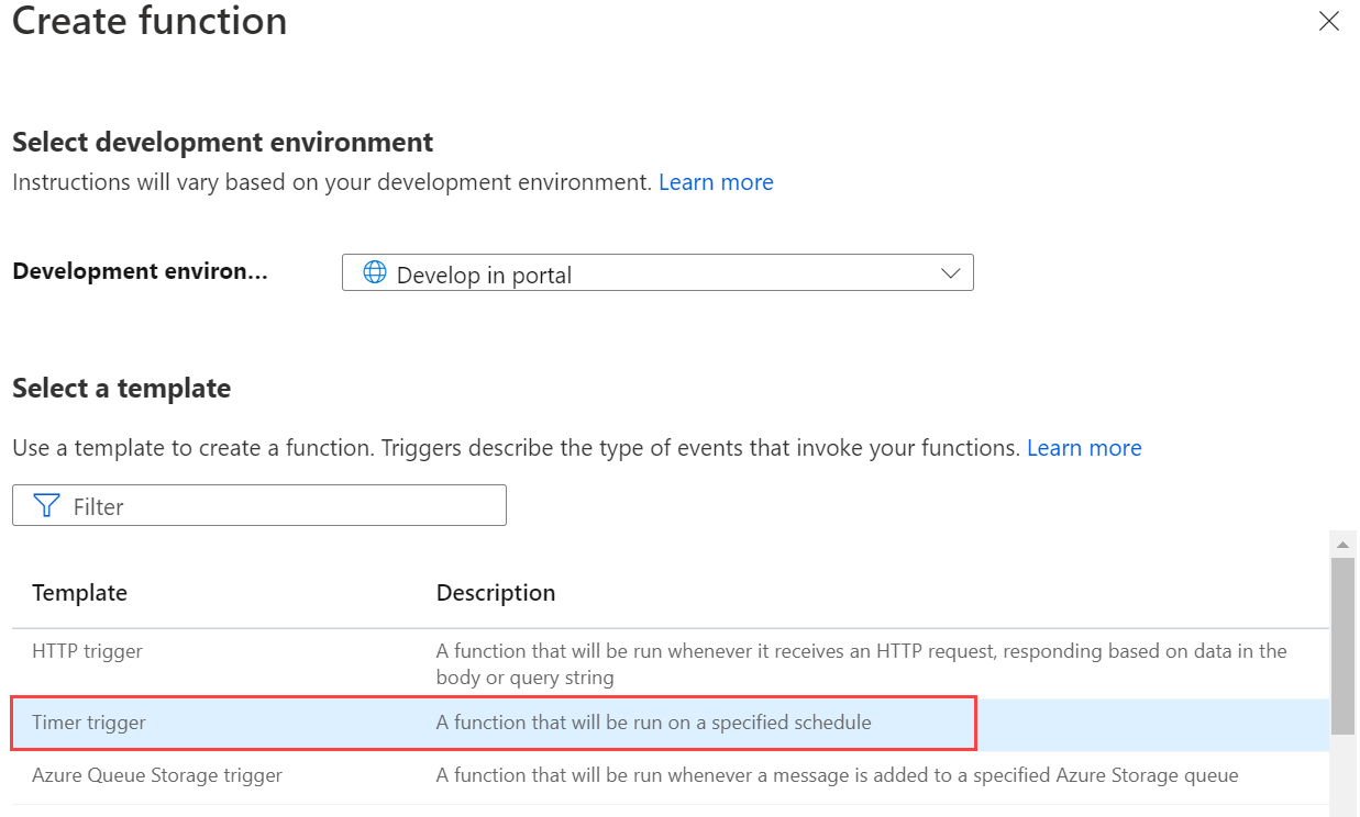 Captura de ecrã da página de seleção do gatilho do temporizador no portal do Azure.