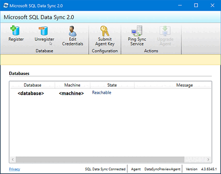 Captura de tela do aplicativo Microsoft SQL Sincronização de Dados 2.0 mostrando que o banco de dados e a máquina do SQL Server agora estão registrados.