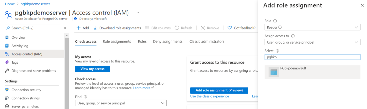 Captura de ecrã que mostra a opção de definir o acesso do MSI Reader de um cofre de Backup do Azure num servidor de Base de Dados do Azure para PostgreSQL.