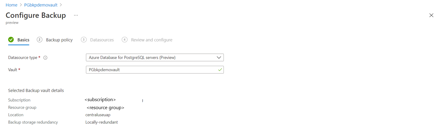 Captura de tela que mostra a guia para inserir informações básicas de backup.