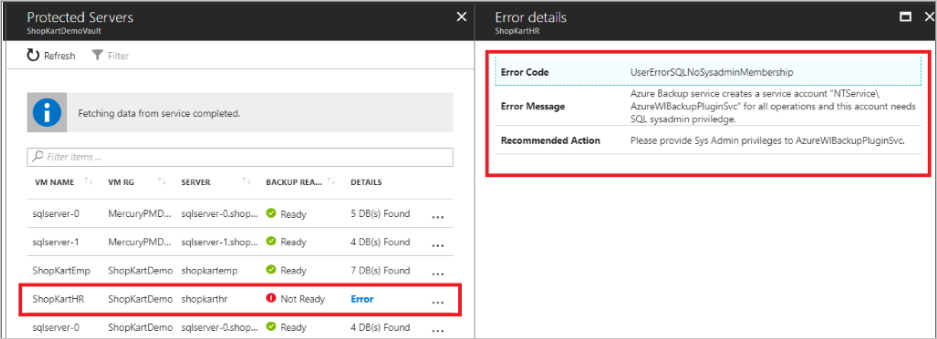 Selecione a VM e o banco de dados