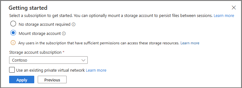 Captura de ecrã que mostra o prompt de subscrição e armazenamento opcional.