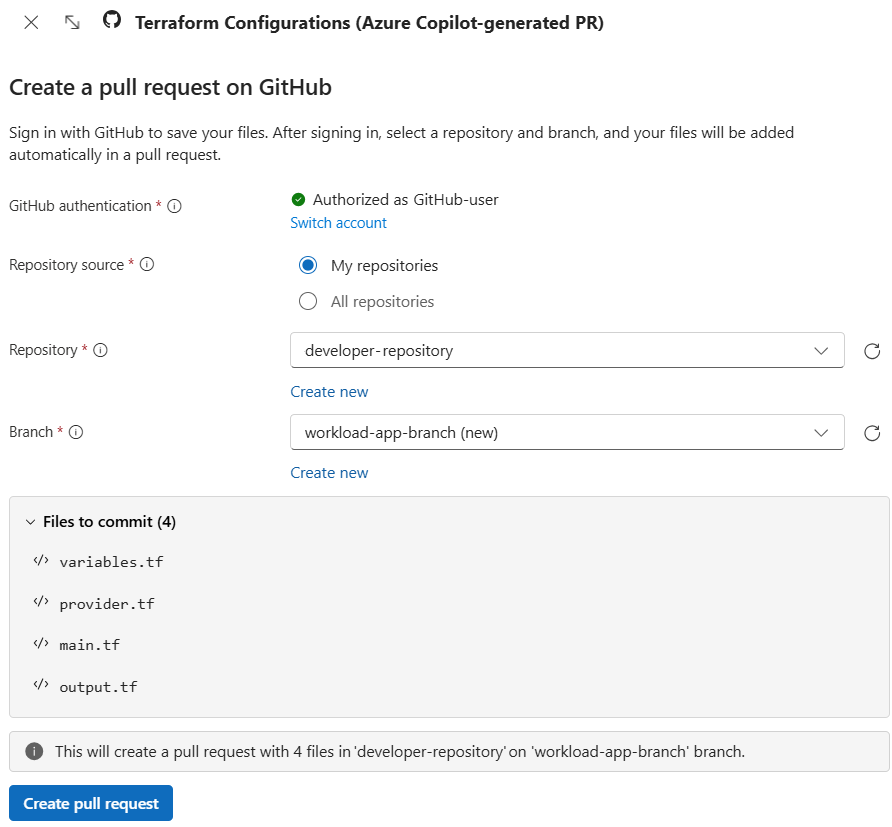 Captura de ecrã do Azure Copilot a criar um pull request no GitHub para adicionar ficheiros gerados.
