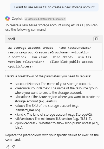 Captura de ecrã do Azure Copilot a fornecer comandos CLI do Azure para criar uma conta de armazenamento.