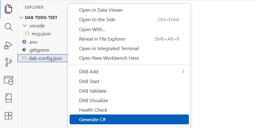 Captura de ecrã dos artefactos do projeto C# gerados por DAB Code Gen no explorador de código do Visual Studio.