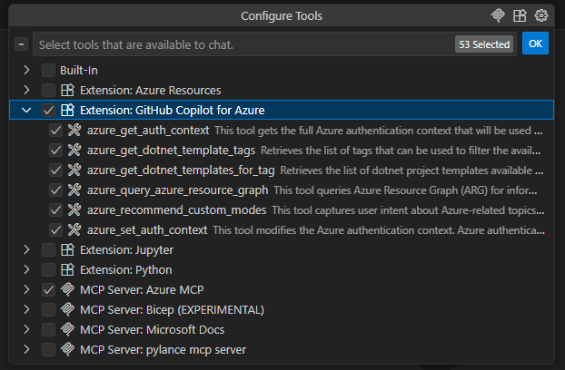 Captura de ecrã da lista de ferramentas em Visual Studio Code.