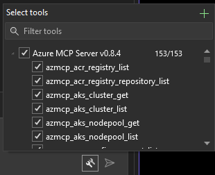  Captura de ecrã do painel de chat com o botão select tools clicado em Visual Studio 2022.