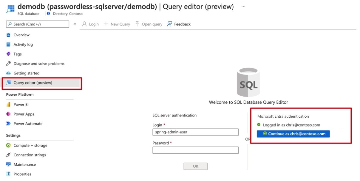 Captura de ecrã do portal do Azure a mostrar o editor de consultas da Base de Dados SQL.