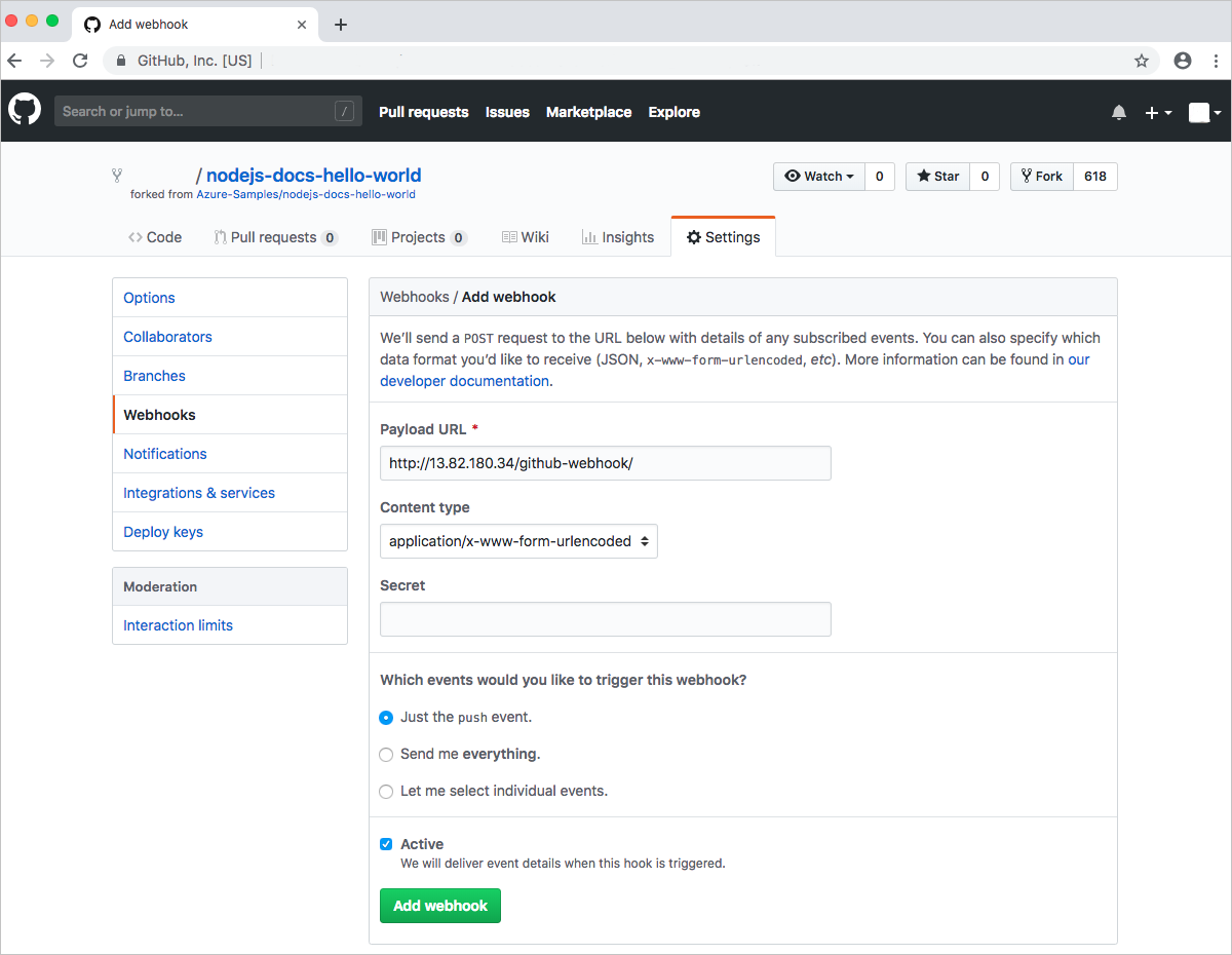 Adicione o webhook do GitHub ao seu repositório bifurcado