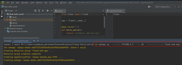 Uma captura de ecrã do IDE PyCharm com um comando Azure CLI a implementar uma aplicação web.