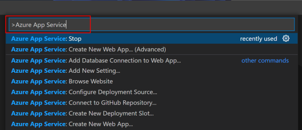 Uma captura de ecrã da paleta de comandos Visual Studio Code para App Service.