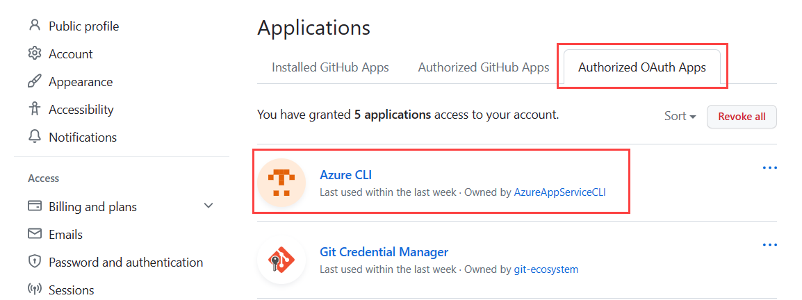 Captura de tela que mostra como exibir aplicativos OAuth autorizados para uma conta do GitHub.